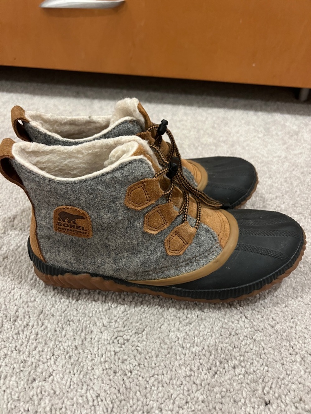 Sorel  Gray Felt and Brown Waterproof Duck Boots